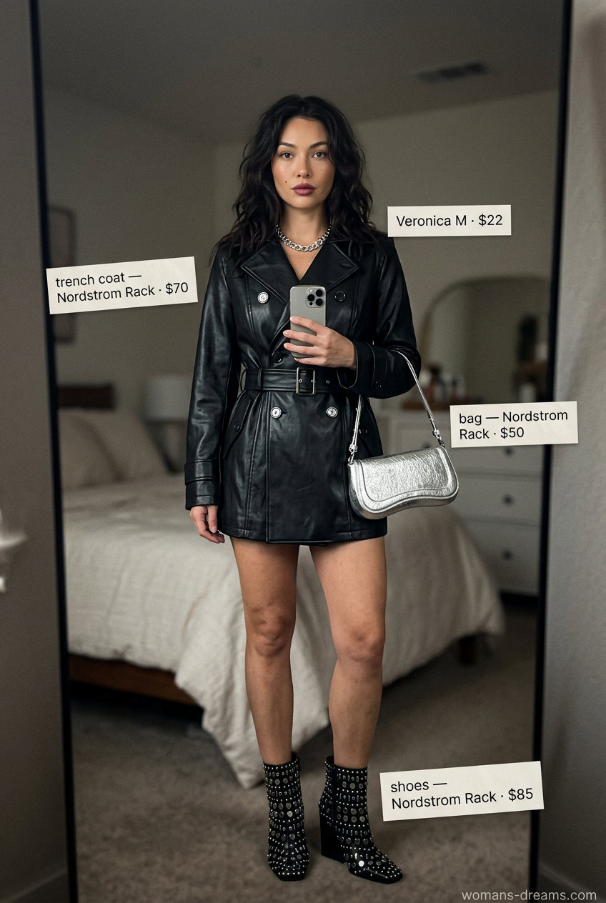 Edgy Summer Mini Trench Coat Outfits for Women 2026: Black trench, studded boots, metallic bag, chain necklace.
