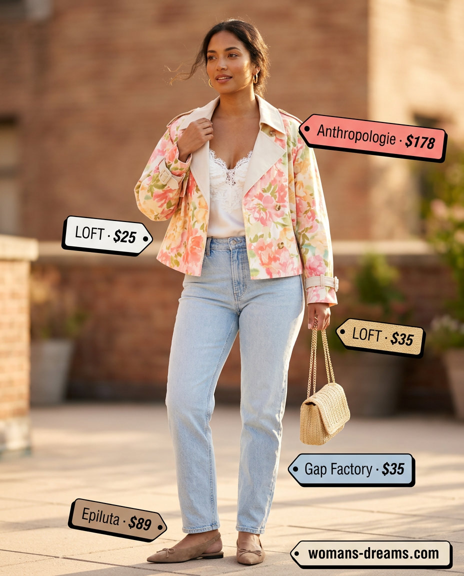 Floral mini trench coat outfit 2026: white camisole, light wash jeans, and straw crossbody bag.
