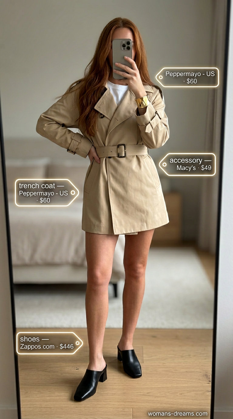 Beige mini trench coat dress outfit 2026: black mules, top-handle bag, and gold cuff bracelet.