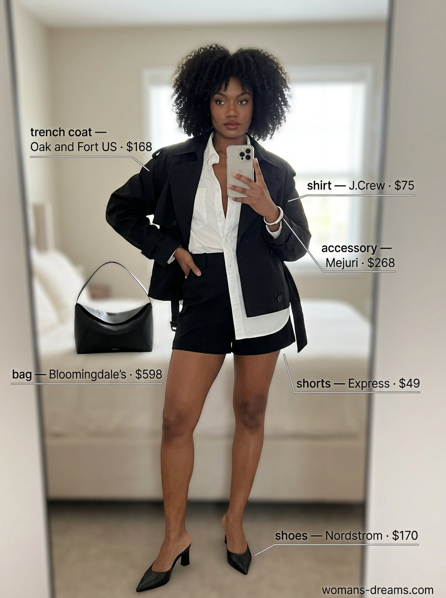 Modern Summer Mini Trench Coat Outfits for Women 2026: Black trench, white shirt, tailored shorts, mules, shoulder bag.