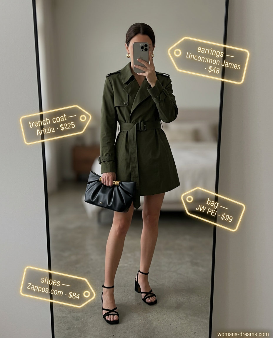 Olive green mini trench coat outfit for women 2026: chic evening look with gold earrings and black heels.
