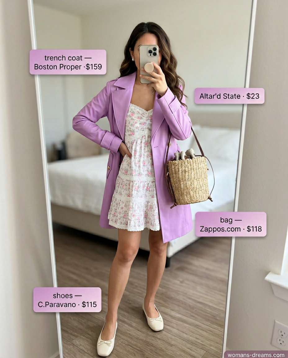 Park Picnic Summer Mini Trench Coat Outfits for Women 2026: Lavender trench, floral dress, straw bag, ballet flats.