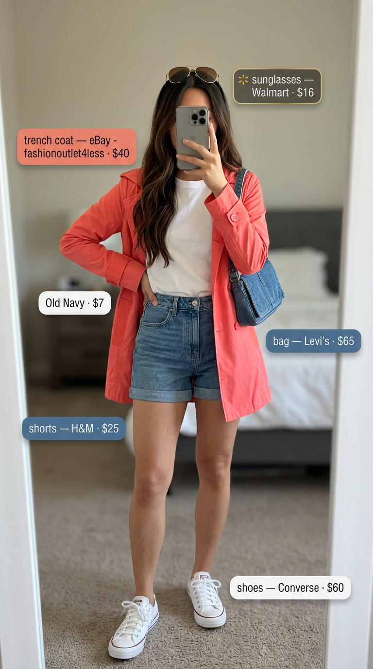 Coral mini trench coat outfit 2026: white shorts, t-shirt, and canvas sneakers for a playful look.