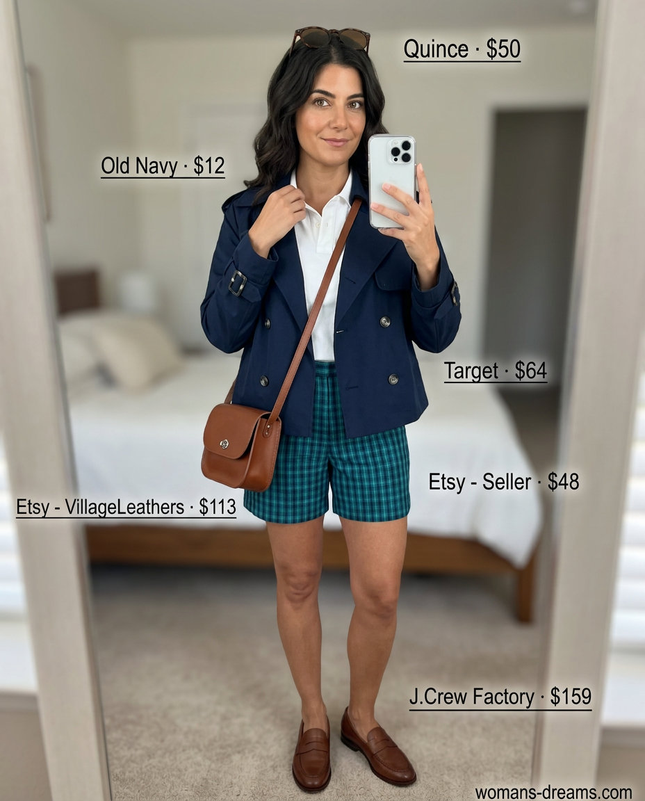 Preppy Summer Mini Trench Coat Outfits for Women 2026: Navy trench, plaid shorts, polo shirt, loafers, crossbody bag.
