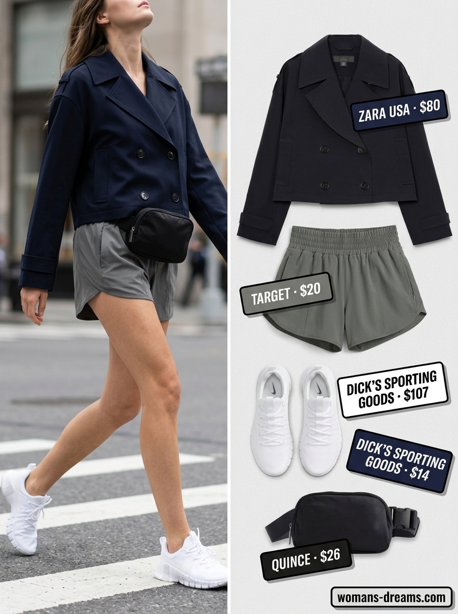 Sporty Summer Mini Trench Coat Outfits for Women 2026: Navy trench, sports bra, running shorts, sneakers, belt bag.