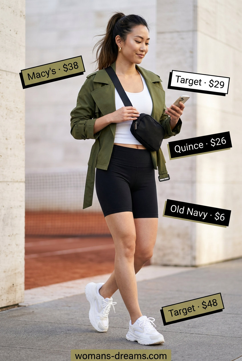 Sporty summer outfit 2026: olive green mini trench coat, biker shorts, crop top, and sneakers.