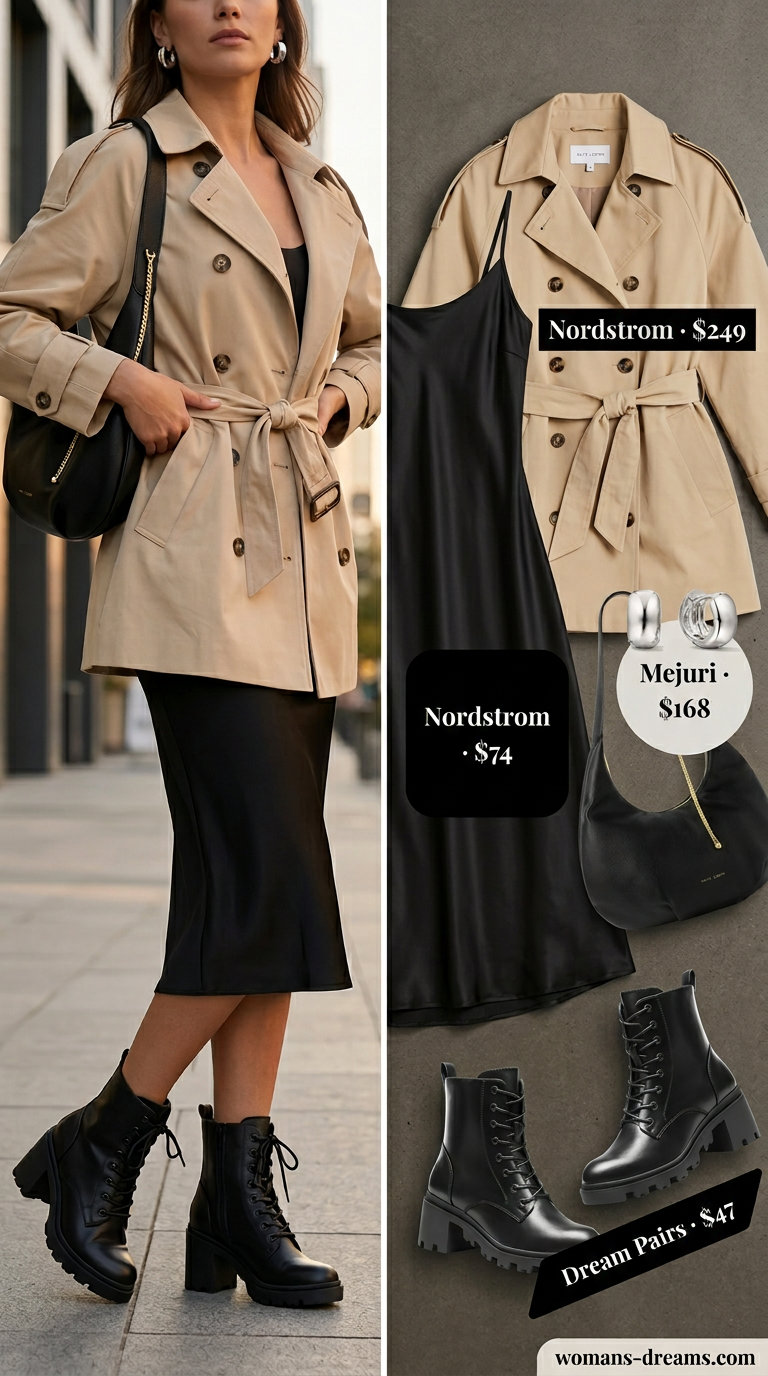 Urban explorer outfit 2026: beige mini trench coat, slip dress, combat boots, and silver hoops.