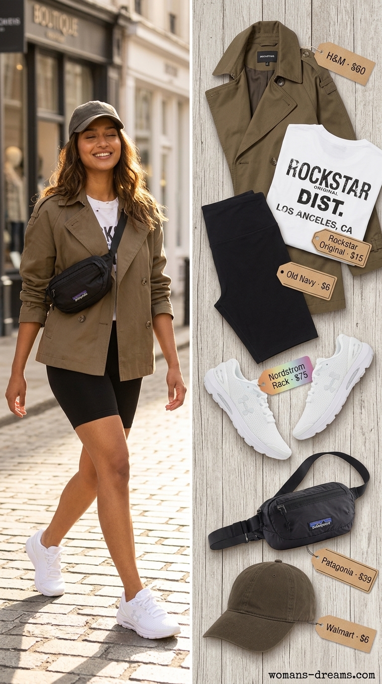 Weekend Getaway Summer Mini Trench Coat Outfits for Women 2026: Khaki trench, biker shorts, graphic tee, sneakers, cap.