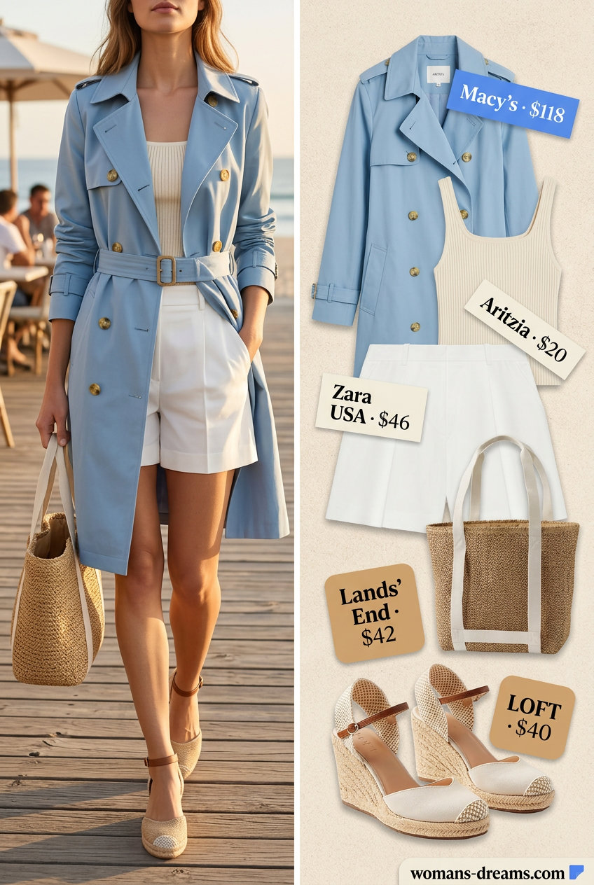 Fresh pastel blue mini trench coat outfit for women's summer coastal town 2026 with shorts & espadrilles.