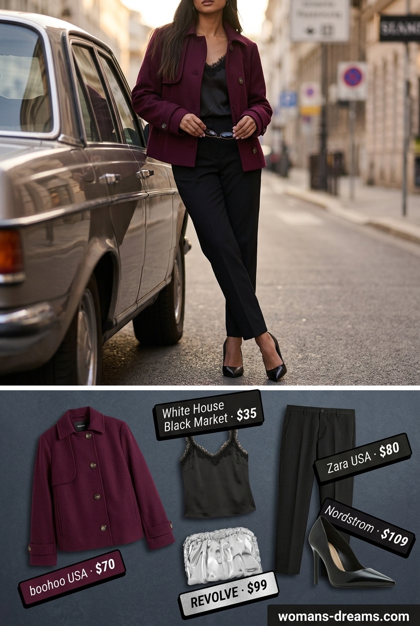 Glamorous burgundy mini trench coat outfit for women's summer evening 2026 with trousers & pumps.