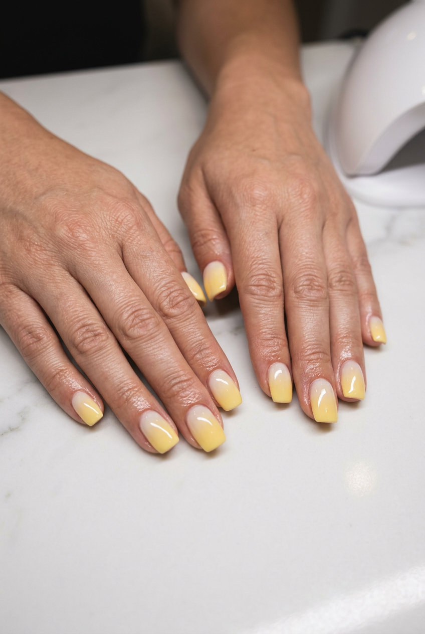Butter Yellow Aura Gradient: soft butter yellow transitioning from milky white, a sophisticated summer nail color 2026.