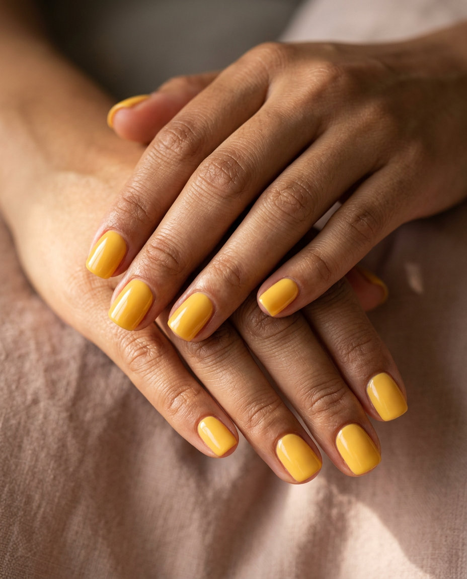 Butter Yellow Creamy Gloss nails, a radiant summer nail color 2026 for casual events. Soft butter yellow with a high-gloss finish.