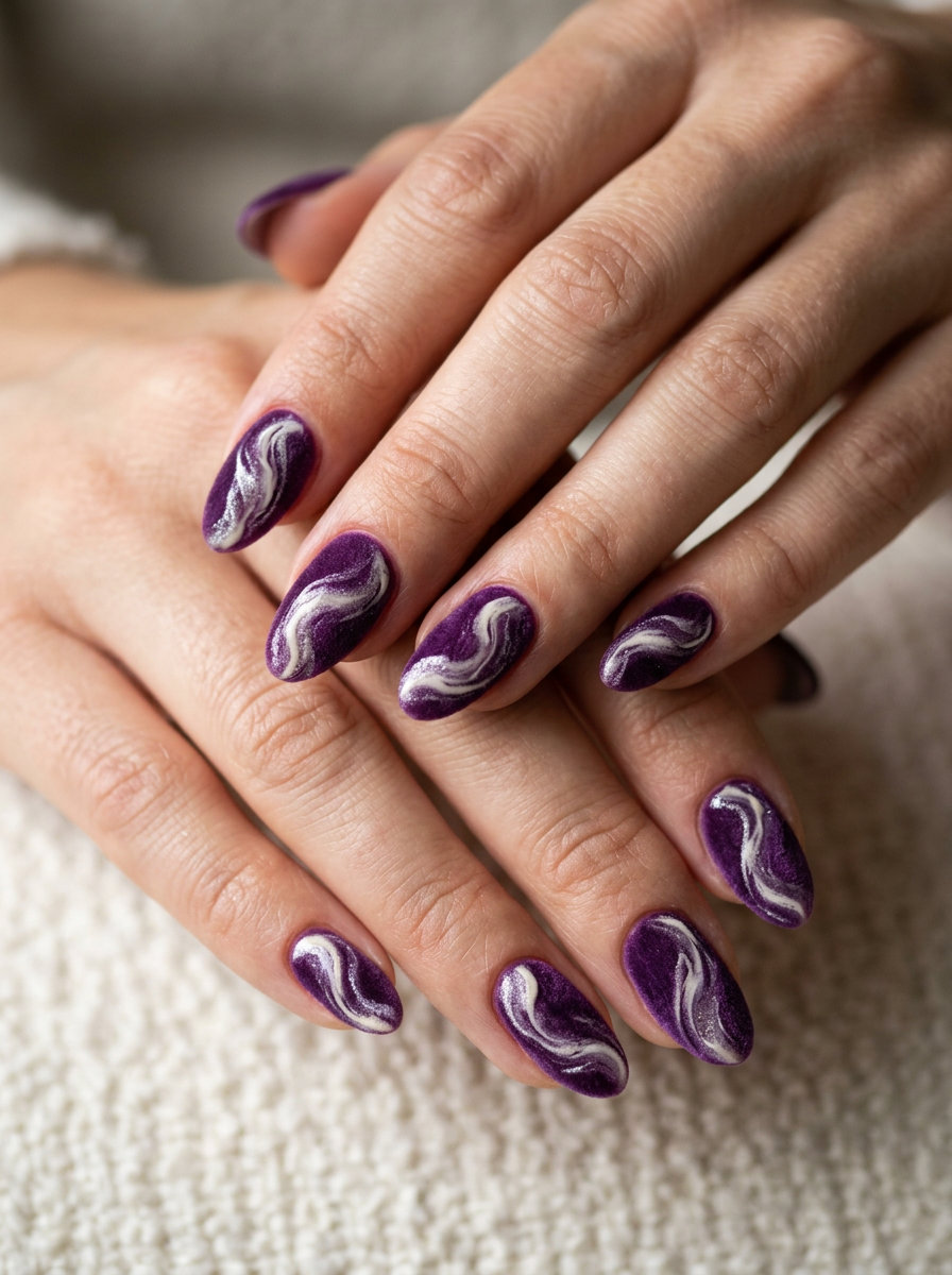 Lavender velvet cat-eye nails with cream swirls, perfect for summer nail colors 2026 wedding guest looks.