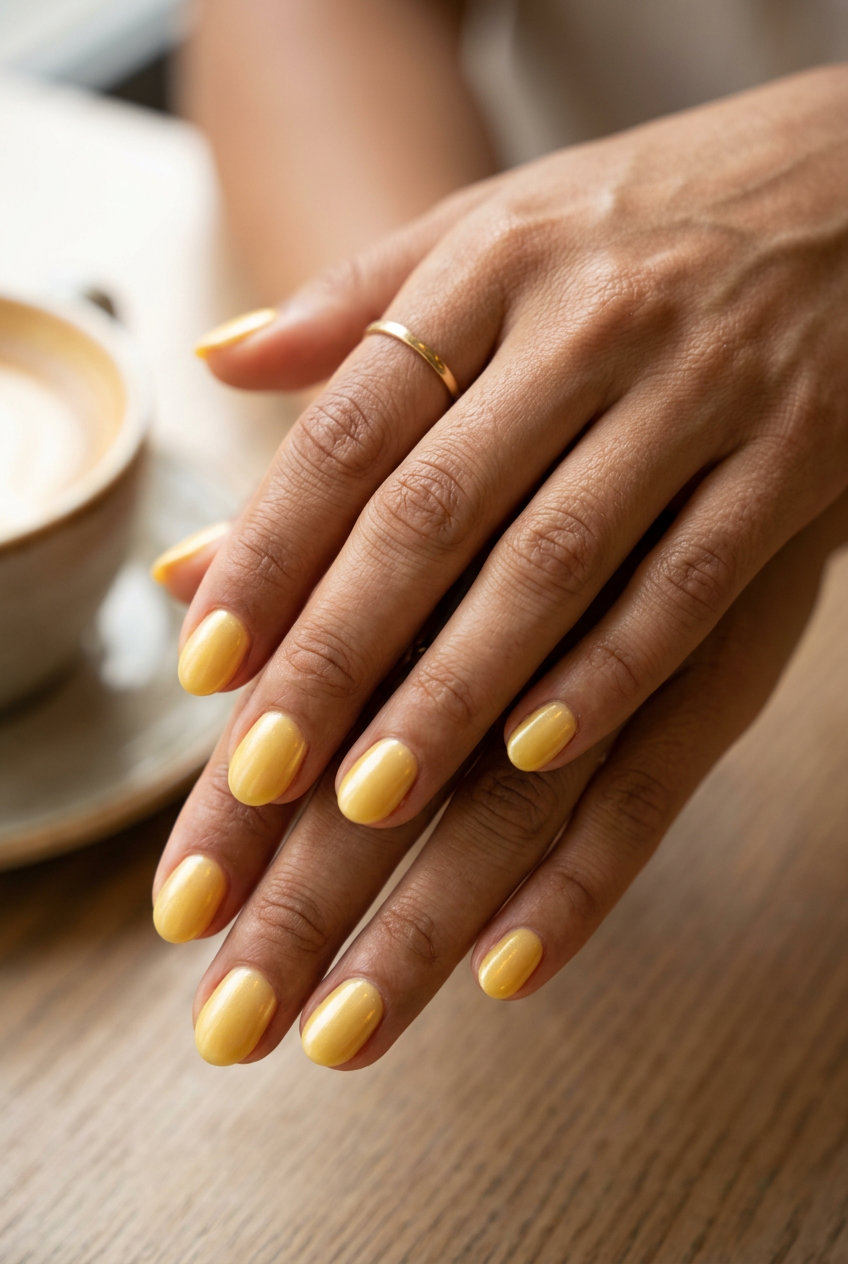 Lemon Sorbet Pearlescent nails: bright lemon yellow with pearlescent shimmer, perfect for summer nail colors 2026.
