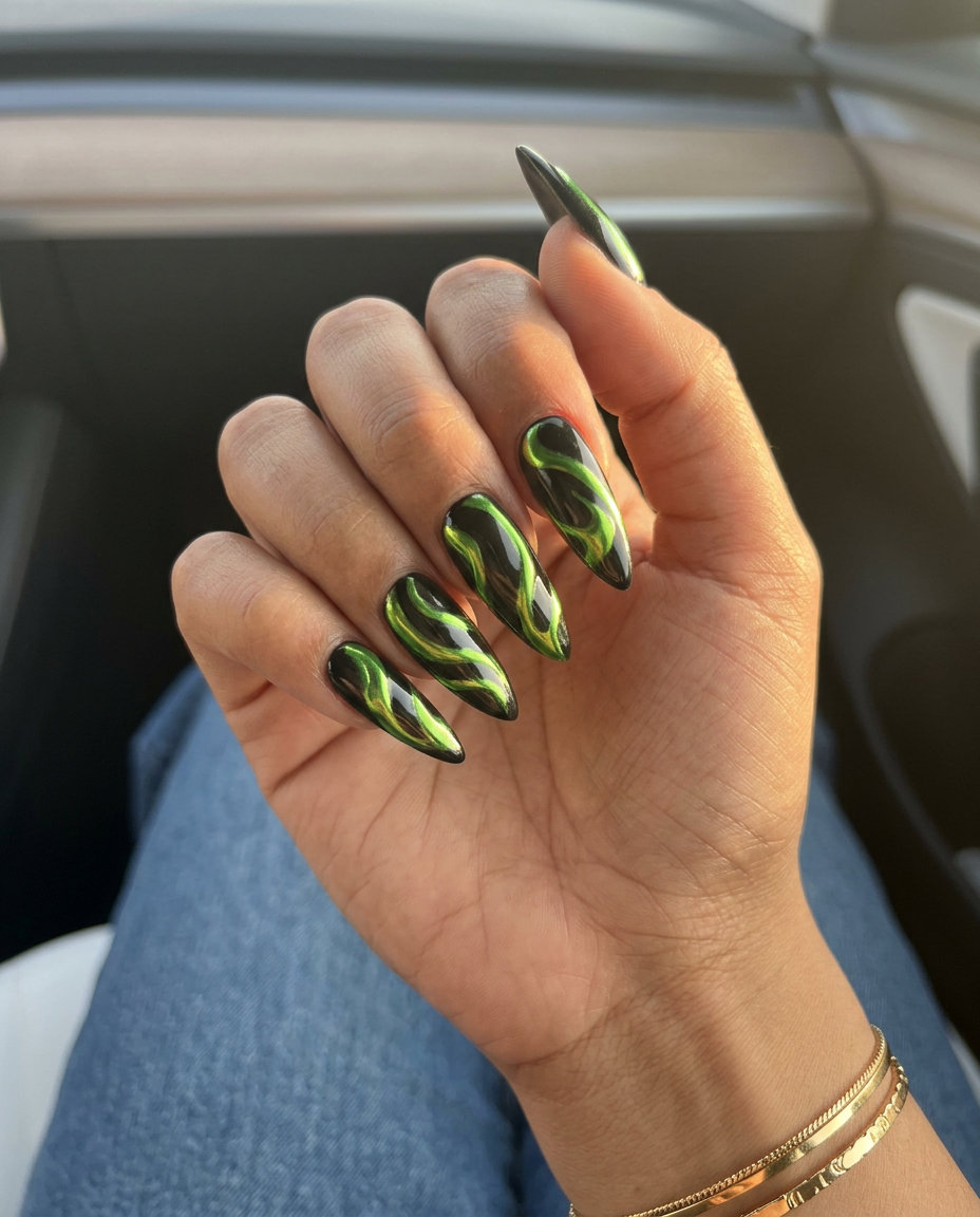 Lime Green Chrome Swirls: edgy lime green chrome over black, a bold summer nail color 2026 for festivals.