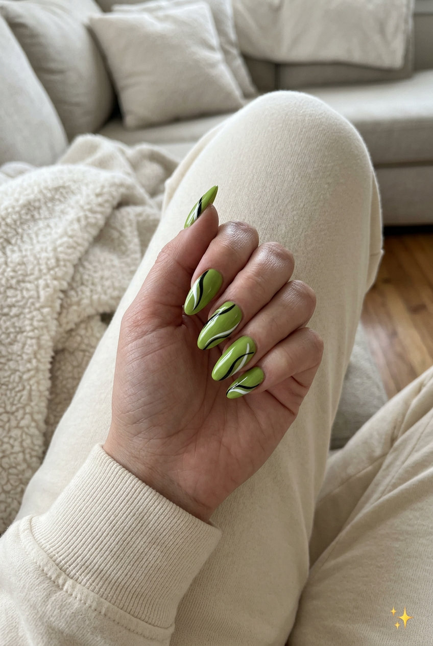 Lime Zest Abstract Lines: vibrant lime green with black & white art, an edgy summer nail color 2026 for parties.