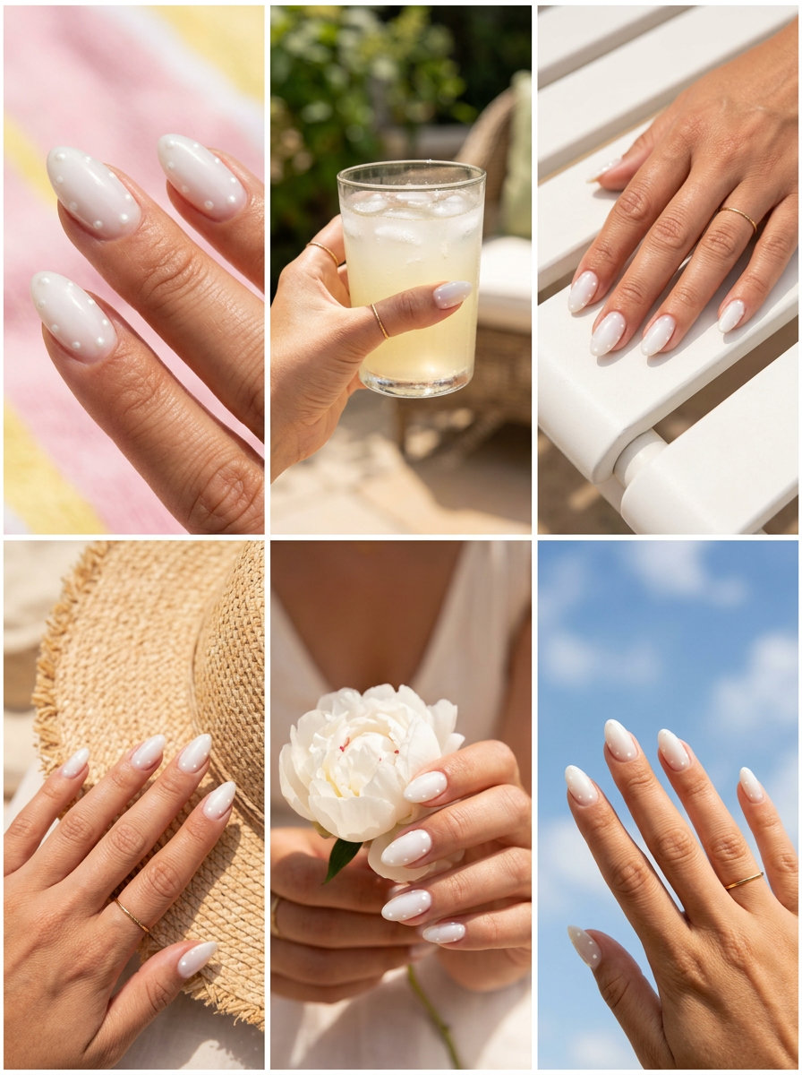 Milky White With Pearl Dots nails, an elegant summer nail color 2026 for weddings and formal events. Creamy white with iridescent pearl accents.