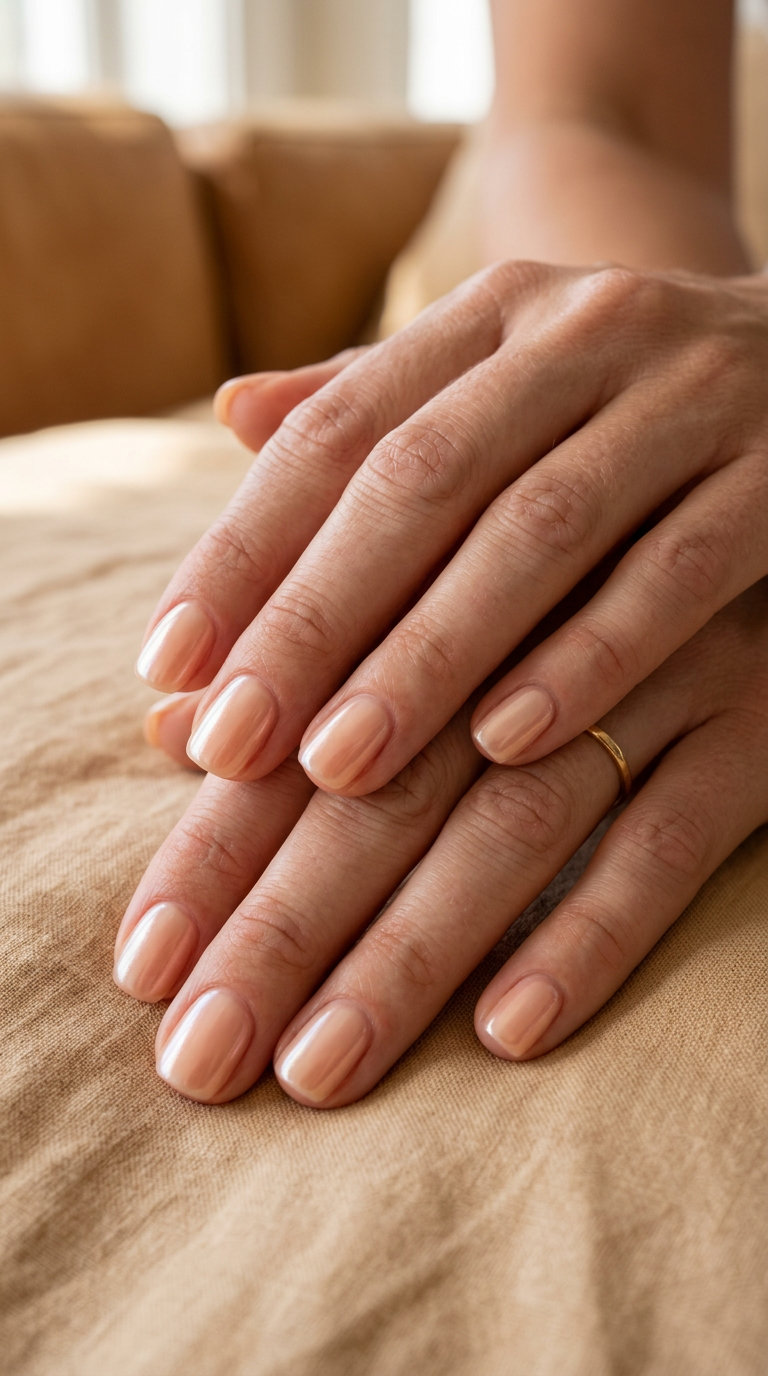 Peach glazed donut nails, a chic summer nail color 2026 trend for business casual and brunch.