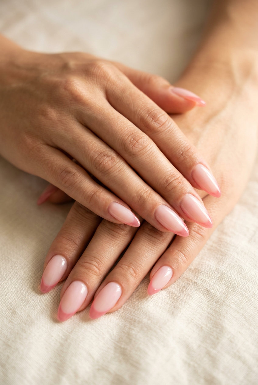 Strawberry Glaze French Tips: sheer milky pink base with sheer strawberry pink jelly tips, a romantic summer nail color 2026.