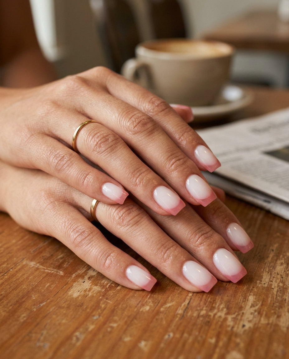 Strawberry Glaze French Tips: milky white base with sheer strawberry pink tips, a sweet summer nail color 2026 option.
