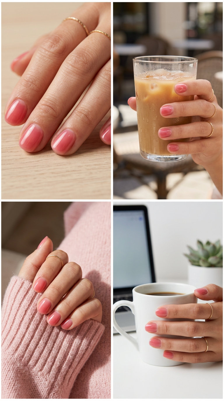 Strawberry Milkshake Jelly nails, a sweet summer nail color 2026 for casual outings. Translucent strawberry pink with a jelly finish.