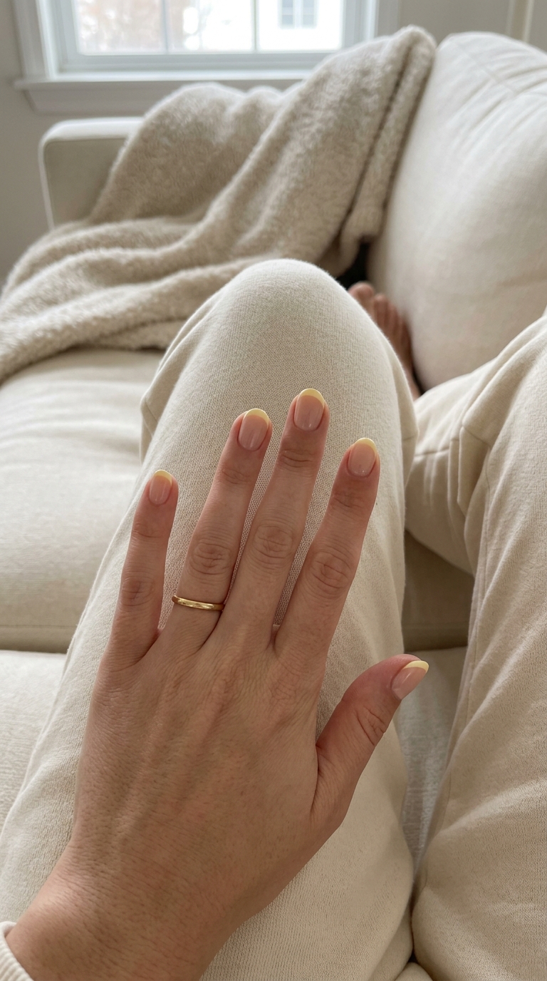 Butter yellow micro French tips on short rounded nails, chic summer nail manicure ideas 2026 for work.