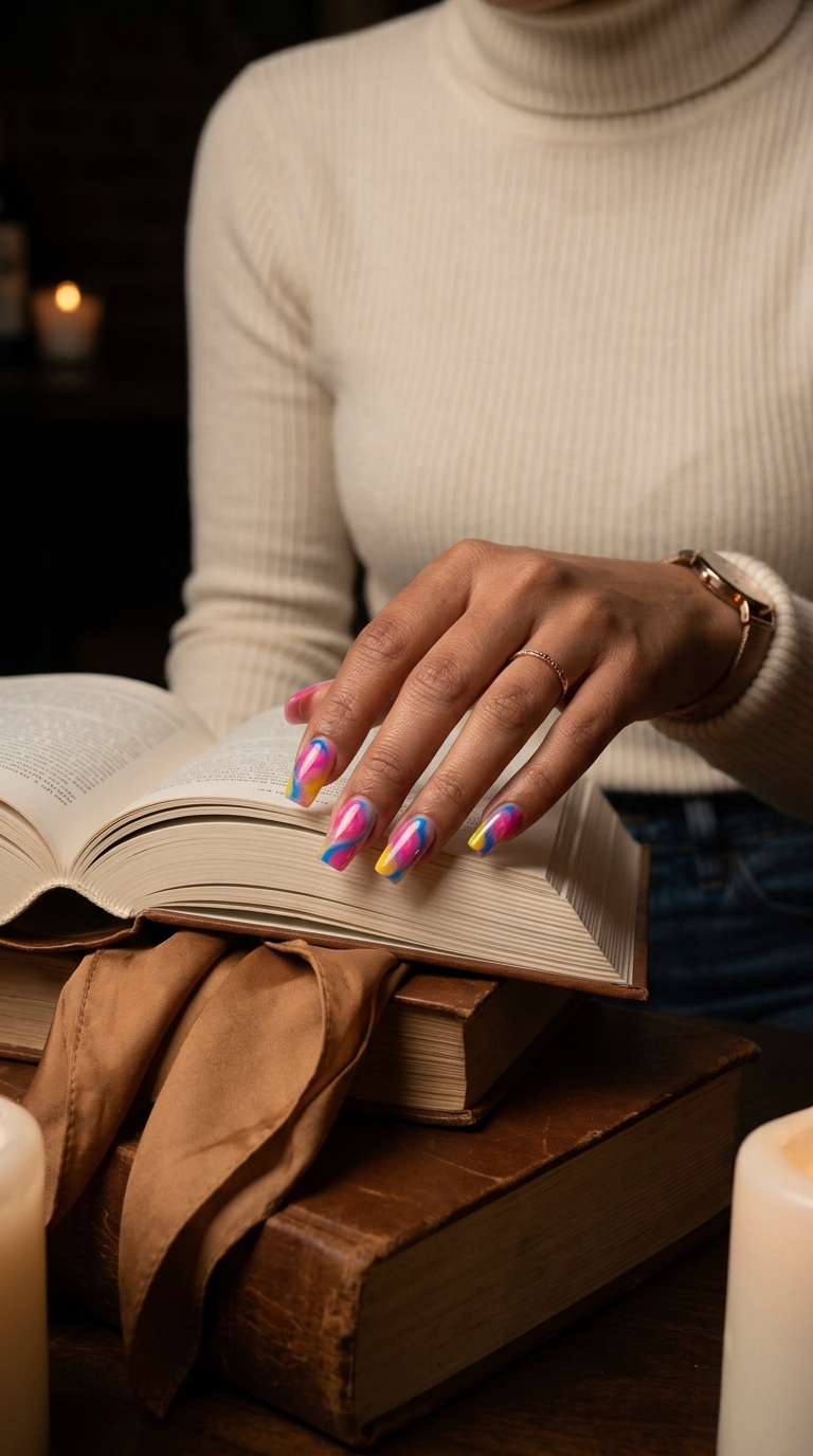 Crystal Jelly Candy Swirls nails: clear base with pink, blue, yellow jelly swirls & shimmer. Summer nail manicure ideas 2026.