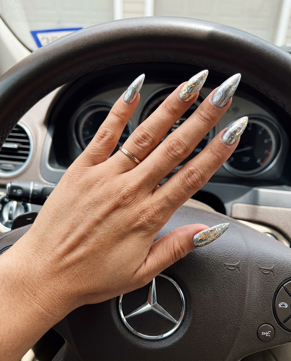 Golden Hour Foil Flake Accent nails: glamorous summer nail manicure ideas 2026 for date nights.