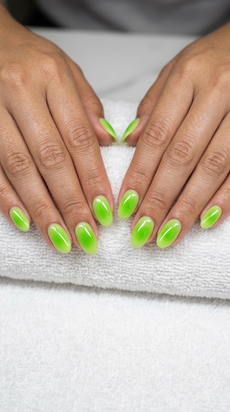 Lime green aura gradient on short squoval nails, playful summer nail manicure ideas 2026 for vacations.