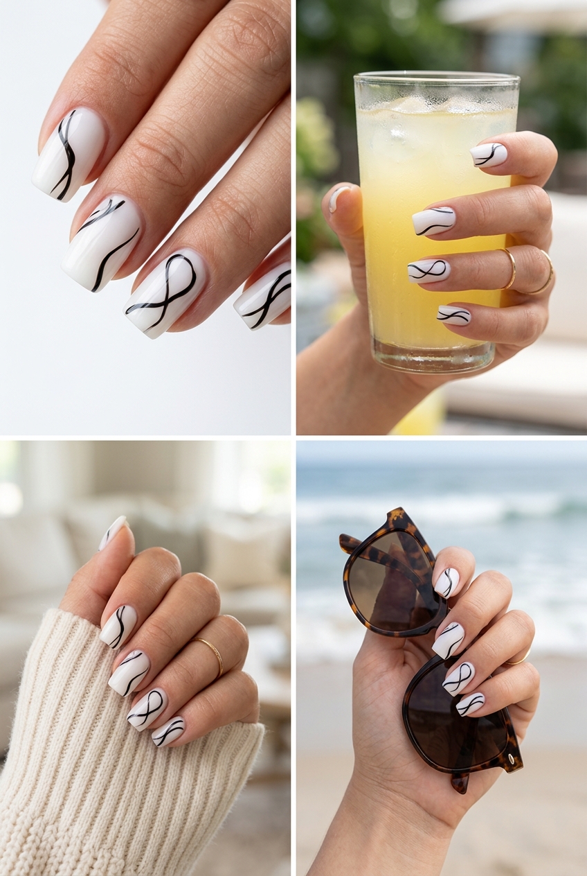 Milky white abstract line art on short rounded nails, minimalist summer nail manicure ideas 2026 for work.