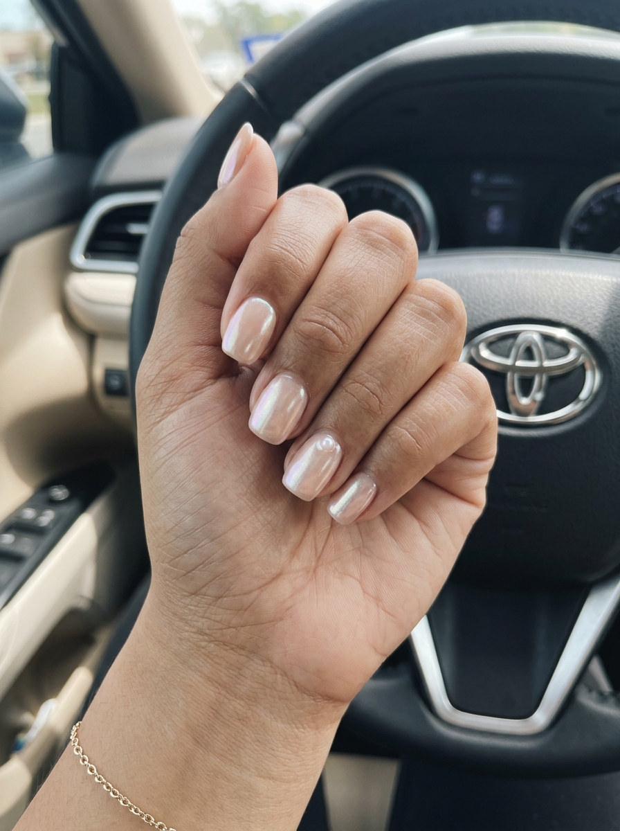 Nude Glazed Donut Short Squoval nails: sheer nude with subtle pearlescent glaze. Summer nail manicure ideas 2026.