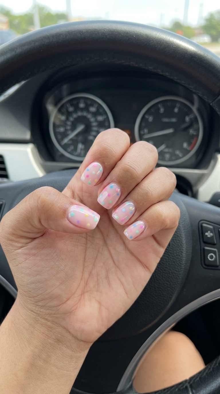 Pastel Multicolor Dotty Whimsy nails: sheer milky pink base with scattered pastel dots. Summer nail manicure ideas 2026.