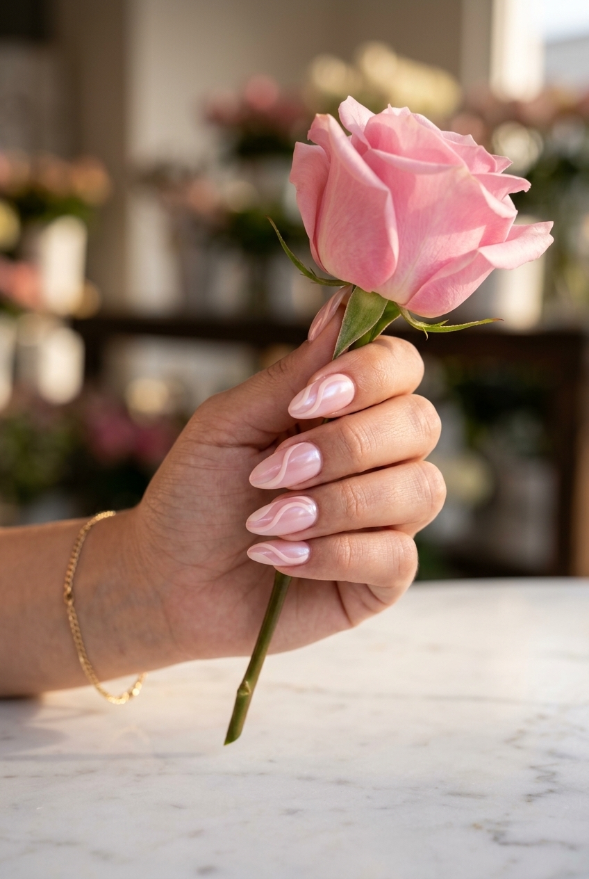 Pearlescent pink swirls on medium oval nails, perfect for summer nail manicure ideas 2026 date nights.