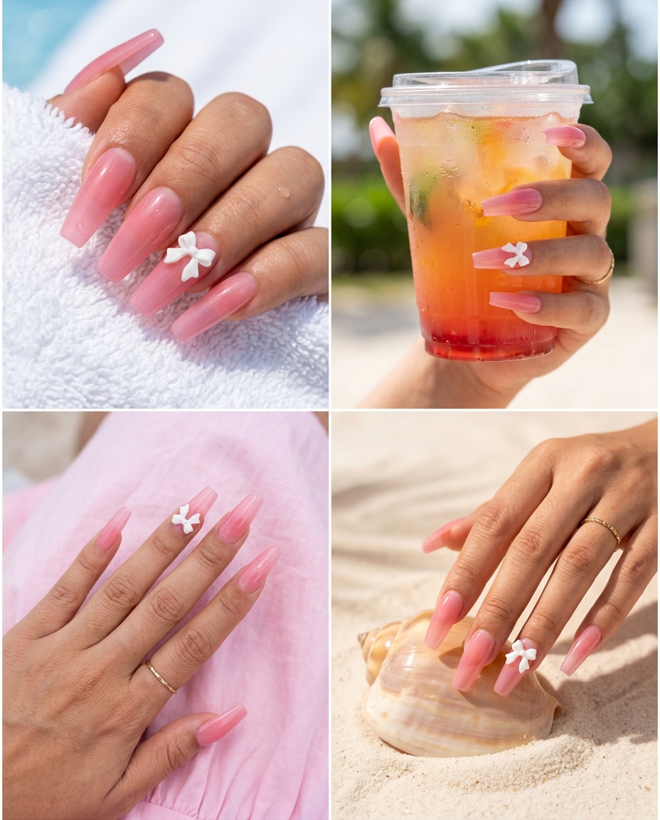 Pink Jelly Bow Statement nails: playful summer nail manicure ideas 2026 for festivals & parties.