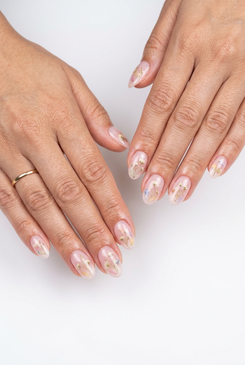 Sheer Pink Milk Bath Floral nails: milky pink base with embedded pastel dried florals. Summer nail manicure ideas 2026.