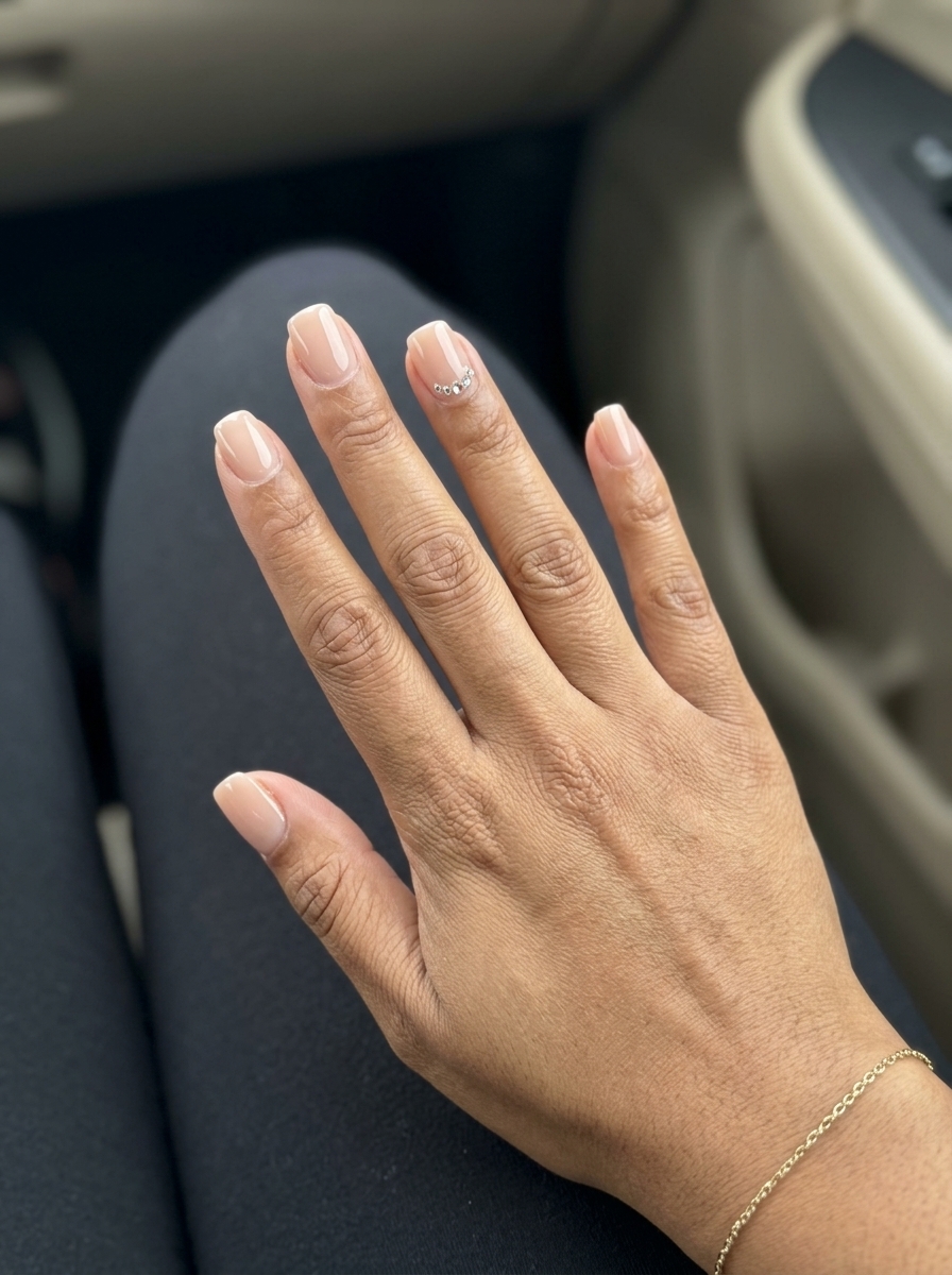 Subtle nude accent nails with crystal sparkle, elegant summer nail manicure ideas 2026 for weddings.