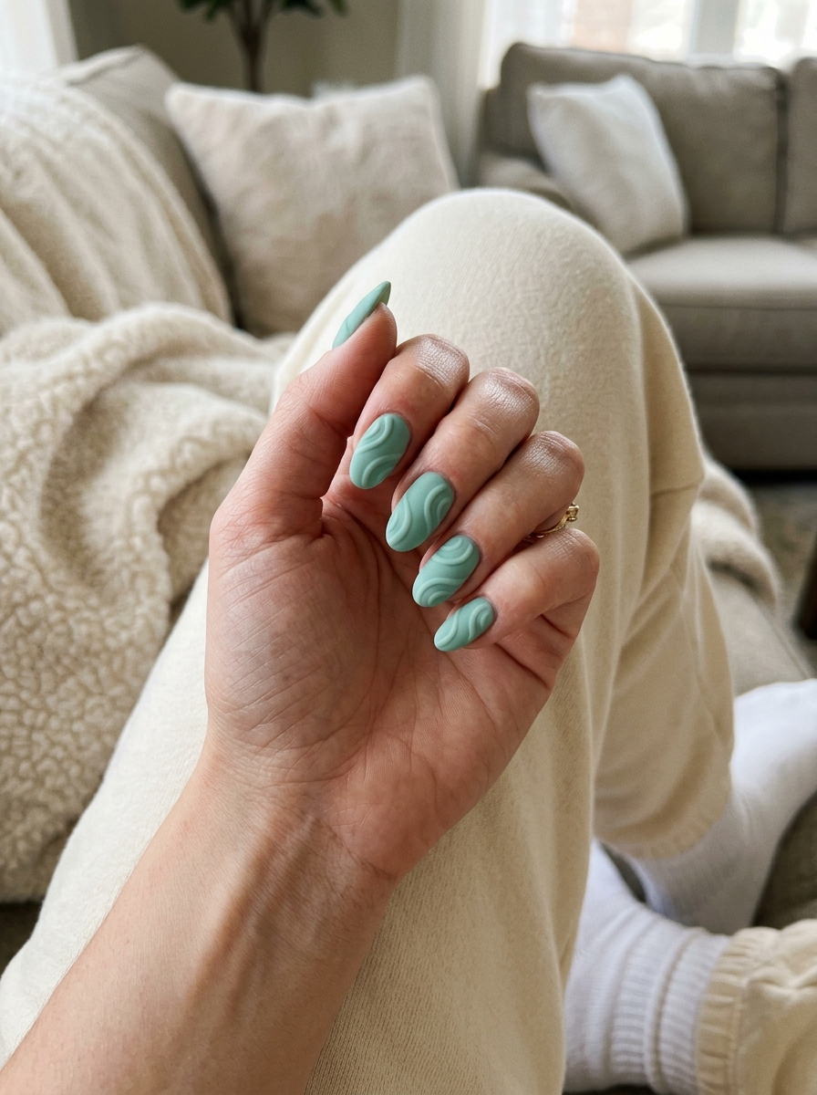 Textured seafoam green swirls on short squoval nails, artistic summer nail manicure ideas 2026 for festivals.