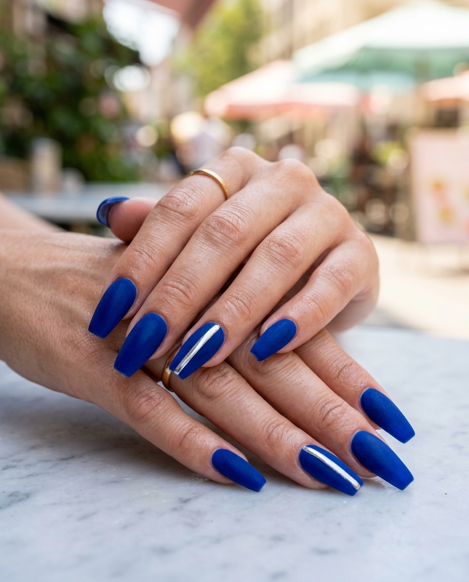 Vivid blue chrome line accent on coffin nails, edgy summer nail manicure ideas 2026 for parties.