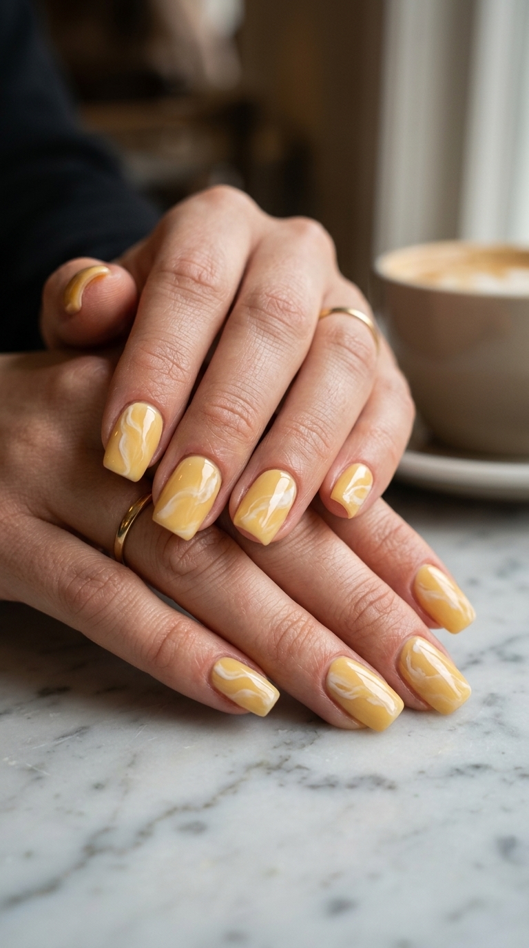 Sophisticated butter yellow marble effect medium square nails for brunch and creative outings. Summer nails square medium 2026.