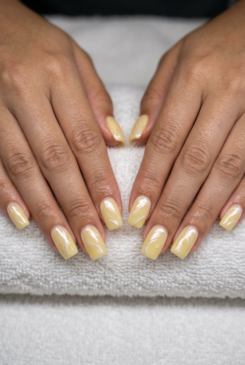 Ethereal butter yellow pearlescent swirls on medium square nails for casual outings. Summer nails square medium 2026.