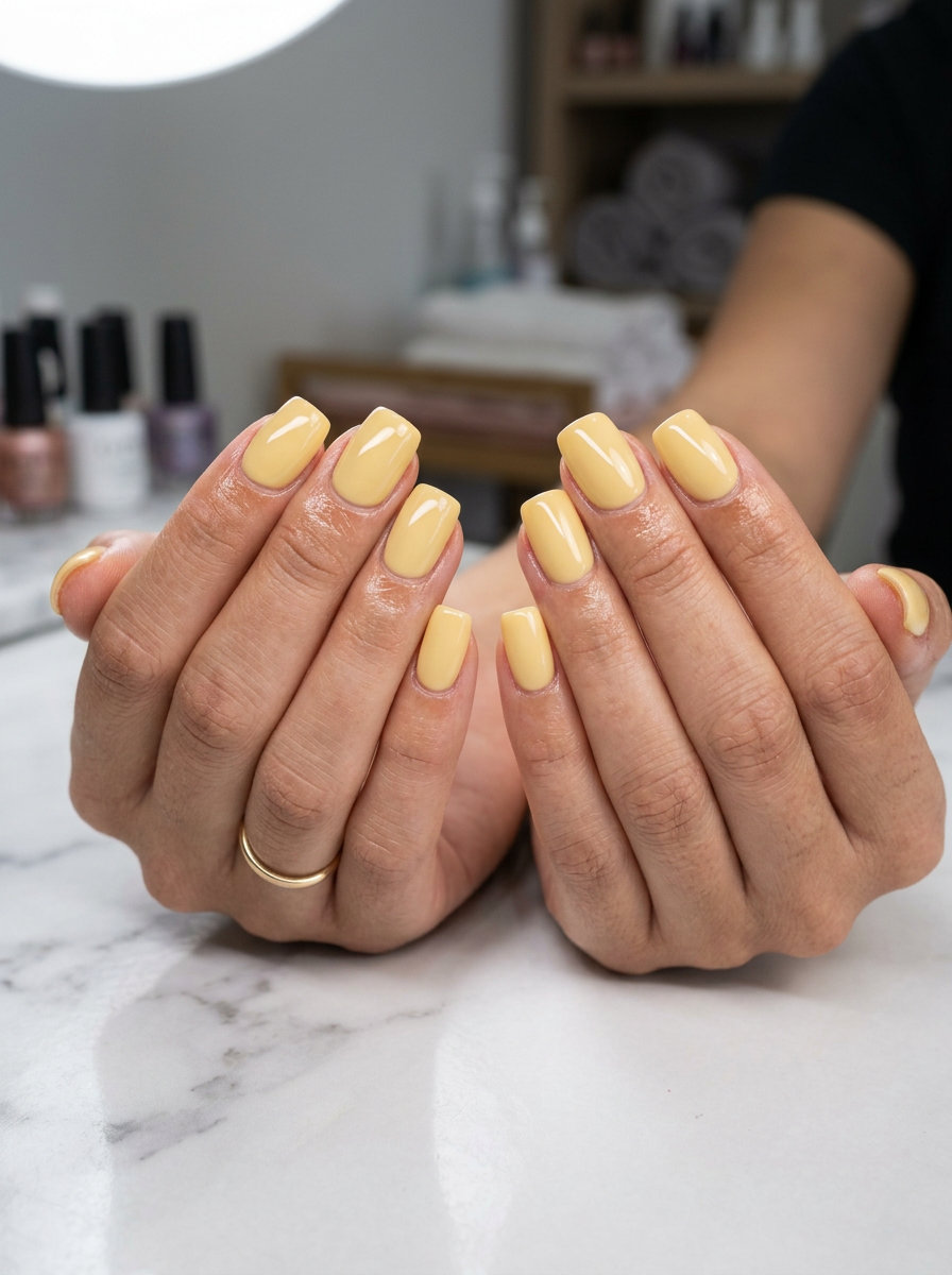 Summer nails square medium 2026: Muted butter yellow for clean-girl minimalist daily wear or casual outings.