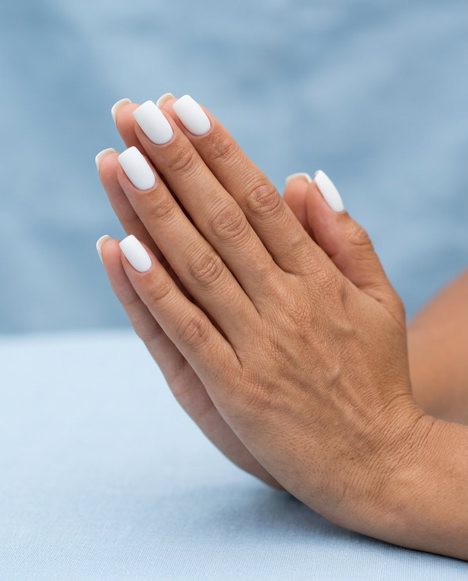 Crisp white matte solid nails for summer 2026. Medium square, opaque white with velvet matte finish. Minimalist & edgy.