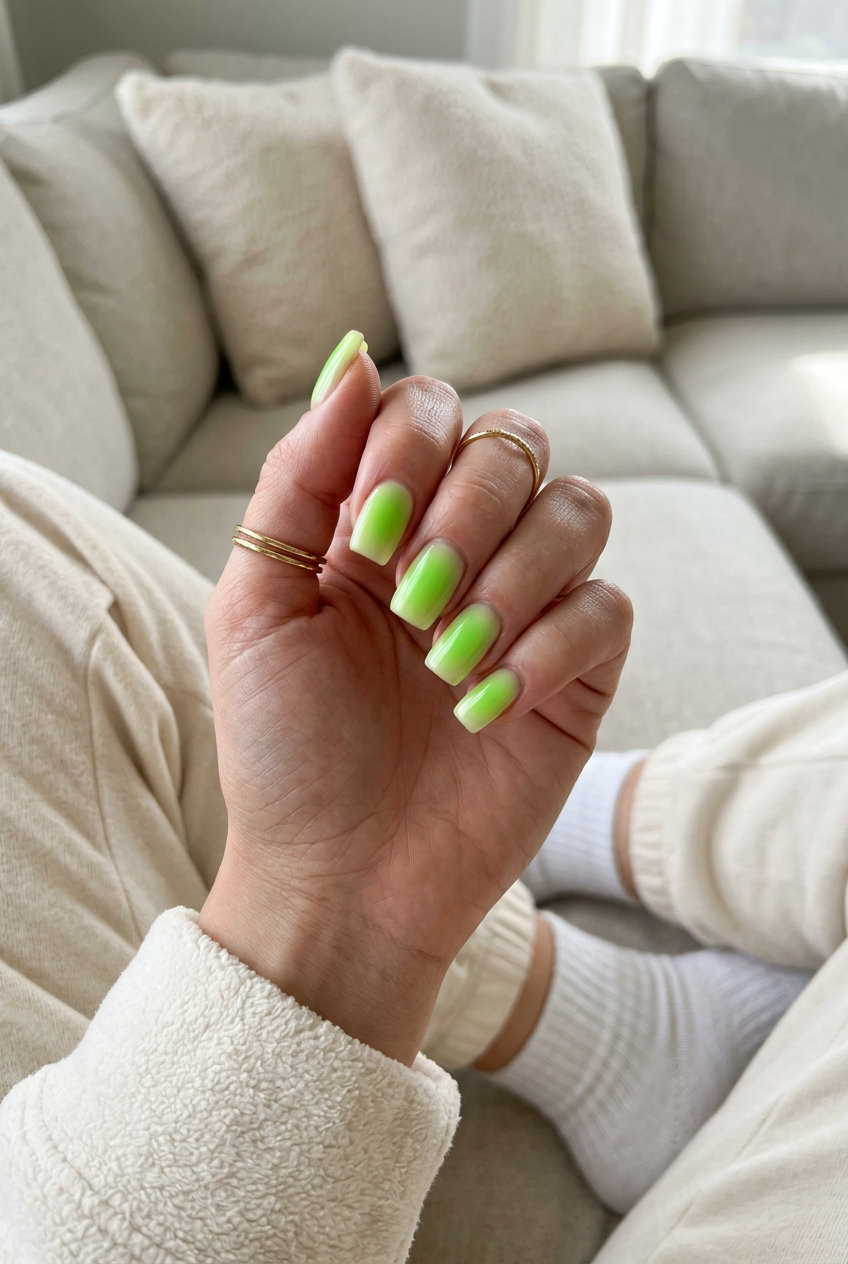 Playful lime green aura effect medium square nails for festivals and parties. Summer nails square medium 2026.