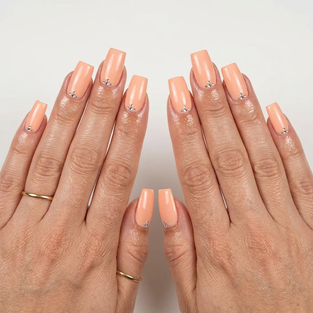 Peach fuzz rhinestone cuticle sparkle nails for summer 2026. Medium square, peach fuzz with clear rhinestone accents. Glamorous & romantic.