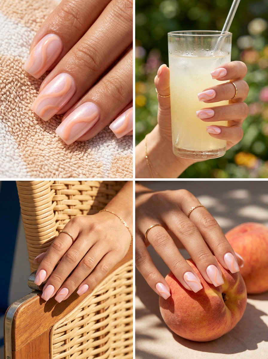 Summer nails square medium 2026: Milky peach swirls on sheer nude gel for romantic bridal shower or casual outing.