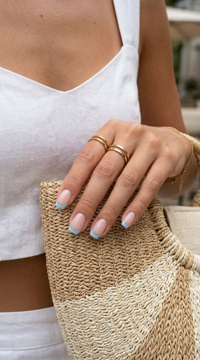 Minimalist sky blue sheer French tip medium square nails for summer vacation. Summer nails square medium 2026.