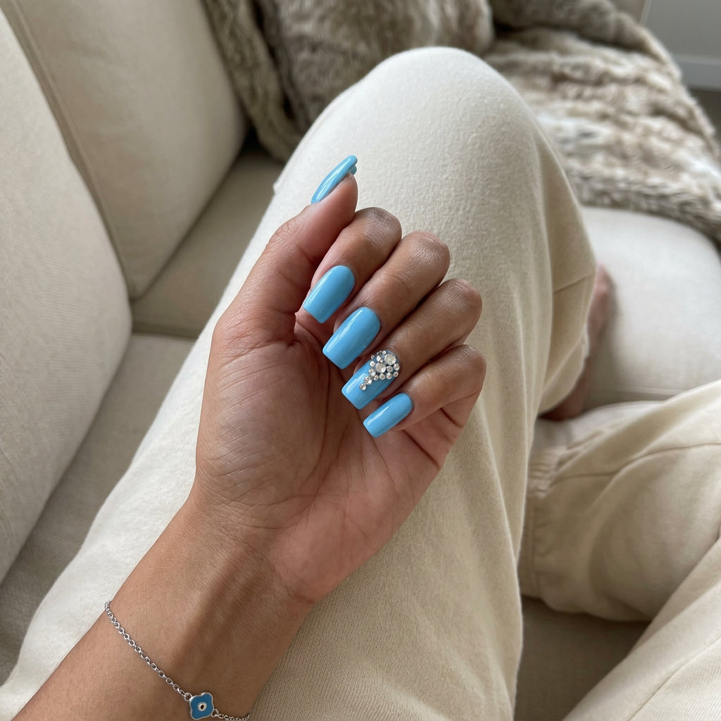 Summer nails square medium 2026: Sky blue with cascading rhinestones for glamorous date night or summer party.