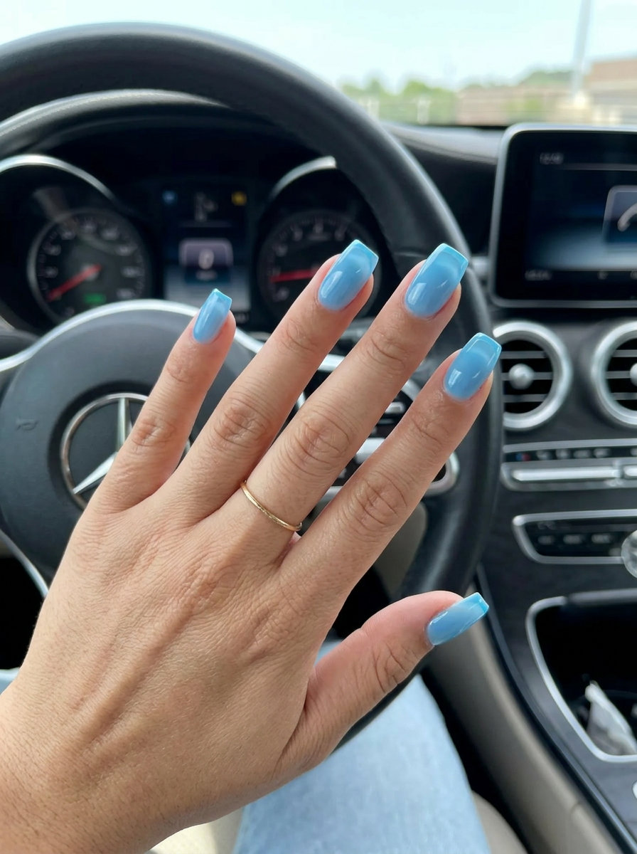 Airy sky blue jelly micro French medium square nails for summer vacation and minimalist style. Summer nails square medium 2026.