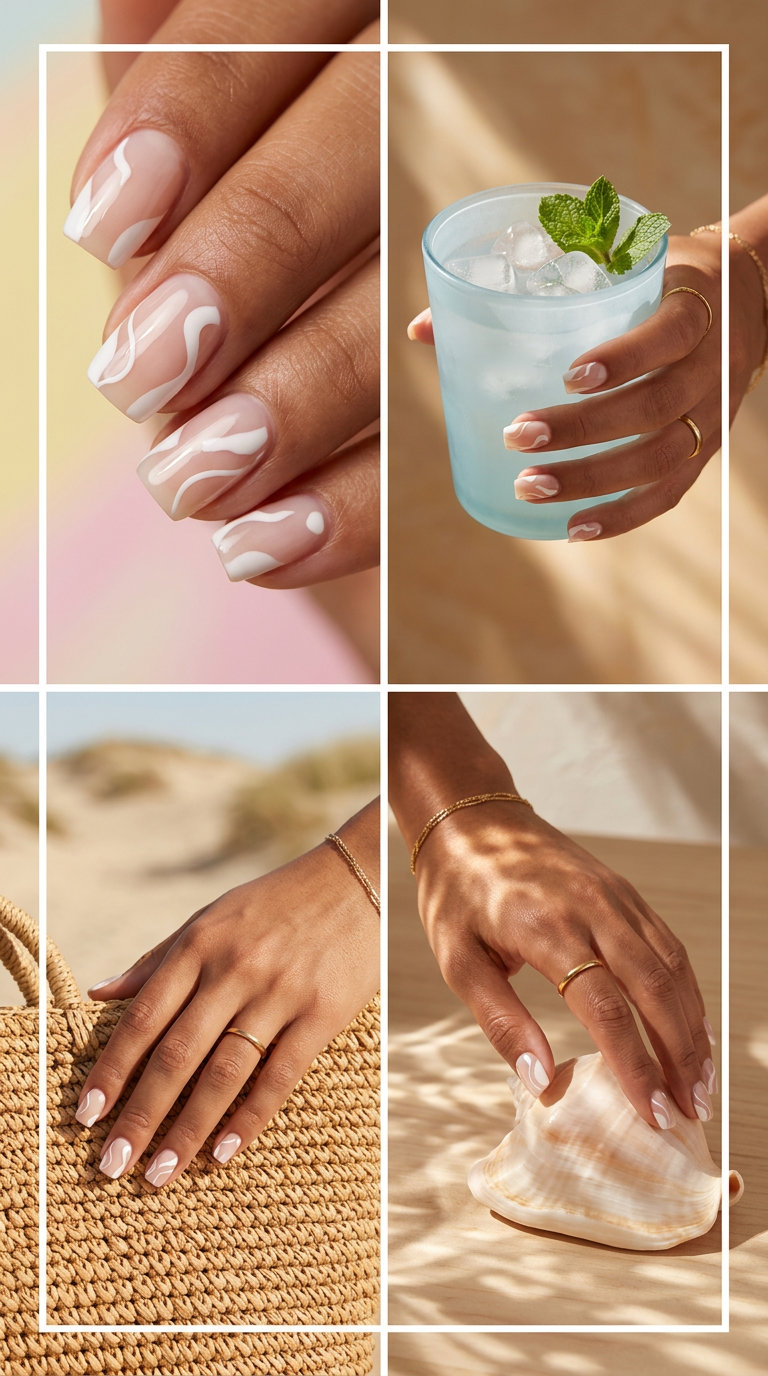 Minimalist white abstract decals on sheer nude medium square nails for daily work. Summer nails square medium 2026.