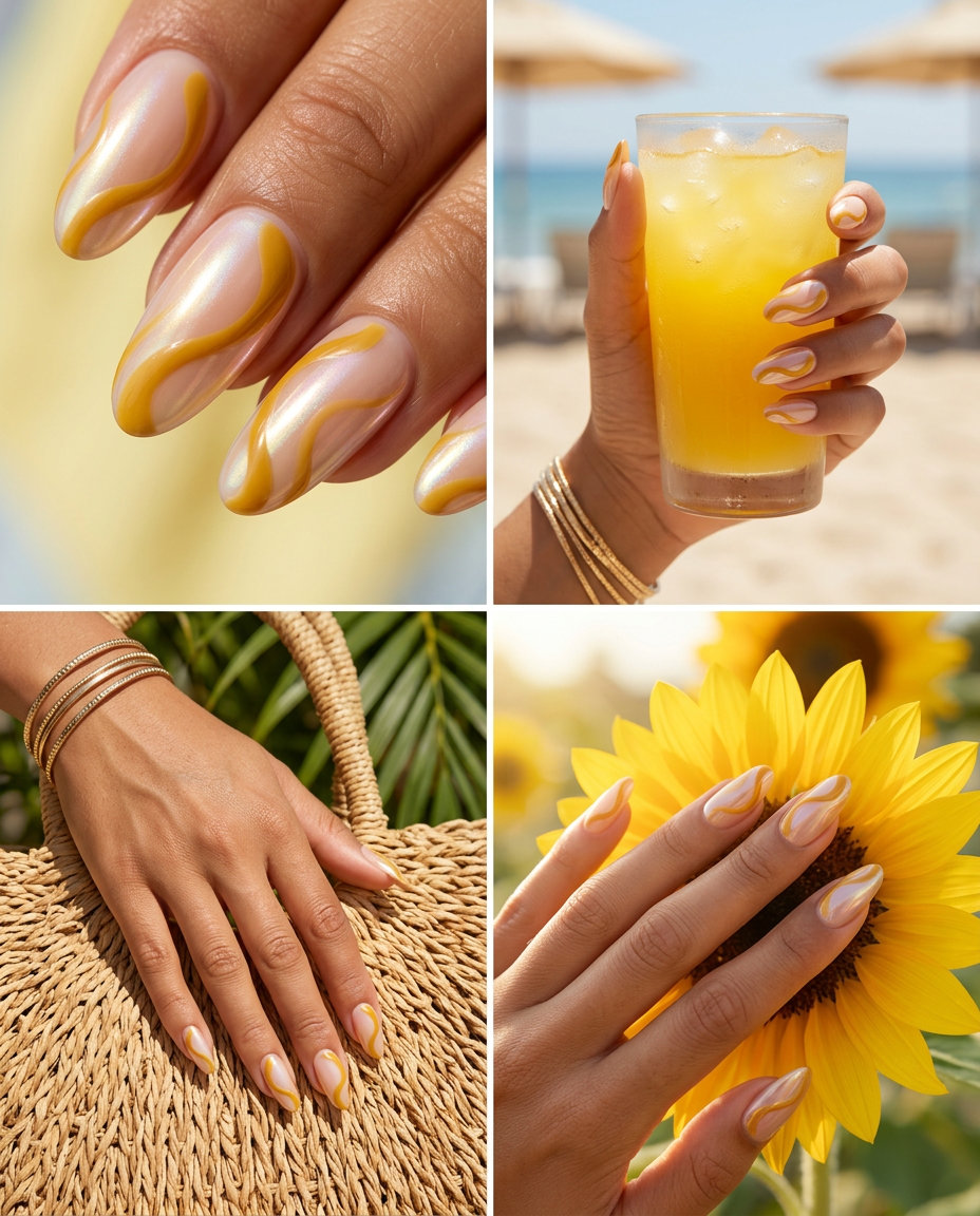 Mustard Yellow Chrome Swirl Nails 2026: Formal Event Sophisticated mustard yellow chrome swirl nails for summer 2026 formal events. Luxurious, artistic style.